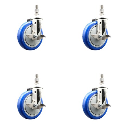 Service Caster 5 Inch 316SS Blue Polyurethane Swivel 3/8 Inch Threaded Stem Caster Set Brake SS316TS20S514-PPUB-BLUE-TLB-381615-4